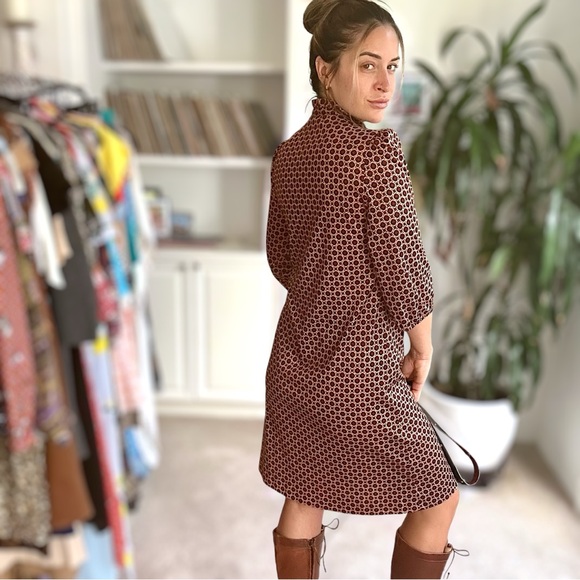 Vintage 70s Dress Geometric Ruffle Victorian Collar Maroon Medium Large - Picture 6 of 6